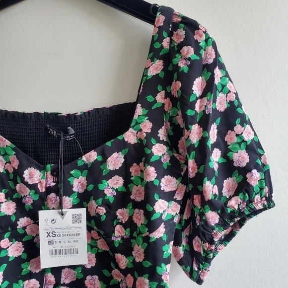 NWT Zara Floral Print Button Front Puff Sleeves Ruffle Peplum Crop Top Size XS - Picture 11 of 16